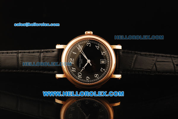 Patek Philippe Automatic Movement Rose Gold Case with Black Dial and Black Leather Strap-ETA Coating Case - Click Image to Close
